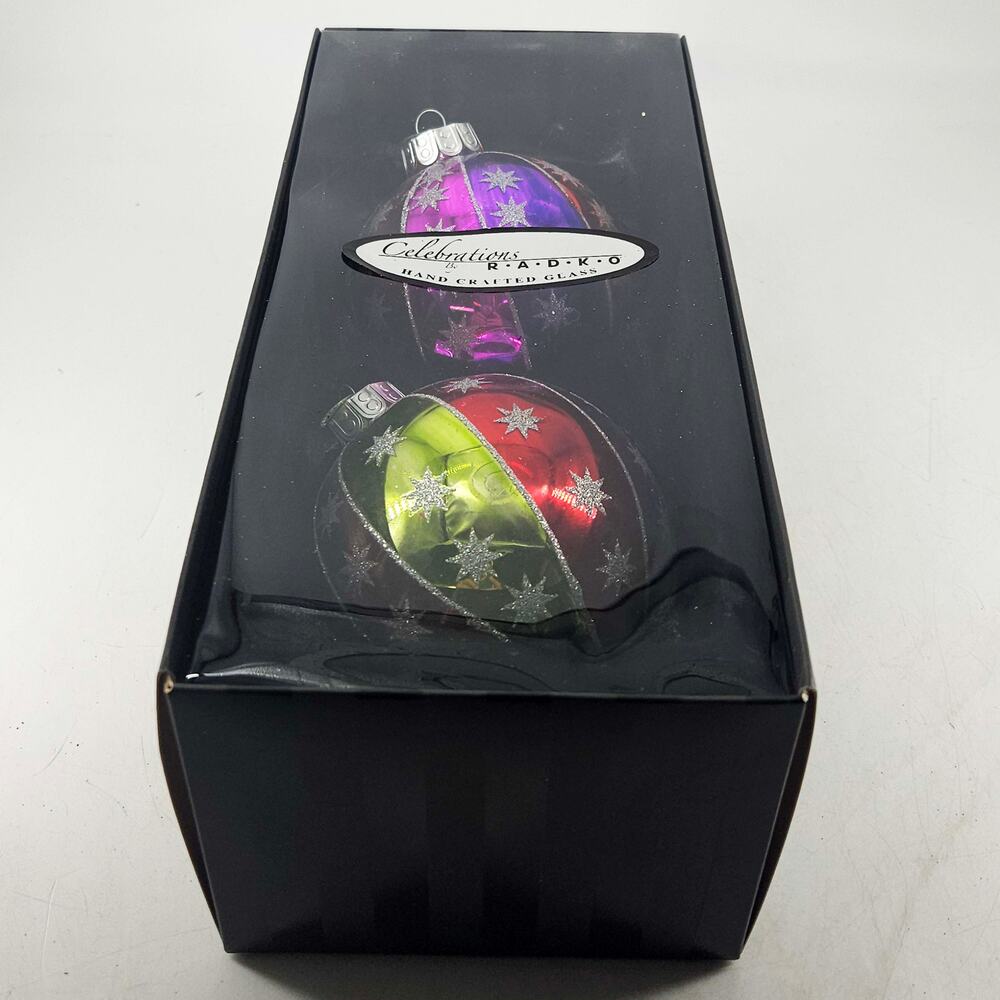 2 Celebrations by Radko hand crafted glass Christmas ornament multi color stars